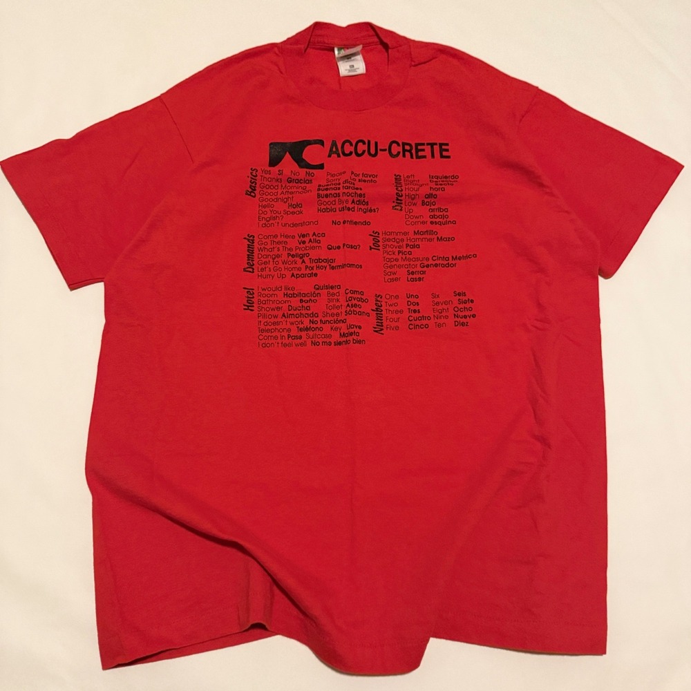Fruit of the Loom Accu-Crete T-Shirt Mens XL Red Vintage 90s Spanish Translation
